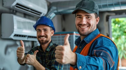 Fototapeta na wymiar Male electrician giving thumbs up to air conditioner repairman