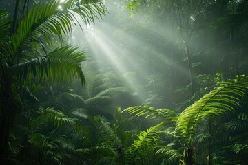 A densely populated forest filled with numerous trees and lush green foliage, First light reaching a misty rainforest, AI Generated