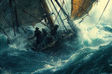 A realistic painting capturing people on a boat sailing in the vast ocean, Fisherman in a tall ship, battling a stormy sea with a harpoon in hand, AI Generated