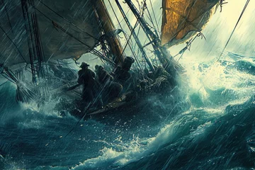 Foto op Plexiglas A realistic painting capturing people on a boat sailing in the vast ocean, Fisherman in a tall ship, battling a stormy sea with a harpoon in hand, AI Generated © Iftikhar alam