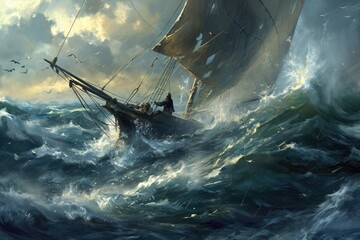 A realistic painting capturing the intense struggle of a sailboat navigating treacherous waves in rough seas, Fisherman in a tall ship, battling a stormy sea with a harpoon in hand, AI Generated