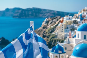 Poster Greece independace day, Santorini and national flag in blue sky © Irina Bort