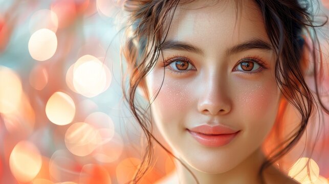 An image of a woman with a beautiful face touching healthy skin on a high-quality cropped image. A beautiful Chinese girl model with natural beauty poses for the photo with her hands touching healthy