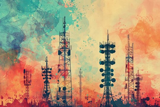 An artwork depicting numerous cell towers in the sky, capturing the technological infrastructure of our modern world, Flat design of cellular network towers on a stain background, AI Generated
