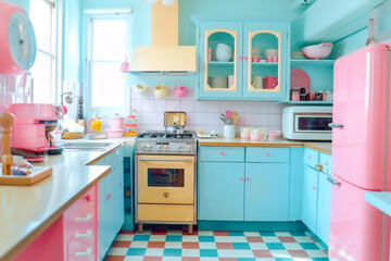 Retro doll kitchen in pastel cute colors, shabby chic vintage
