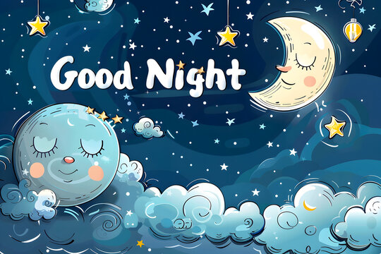 Moon and stars in the sky at night with text "Good night" background.