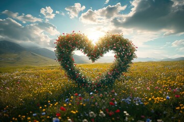 Obraz premium A beautiful heart-shaped arrangement of colorful flowers stands out in the middle of a wild meadow, Flowers blooming in a field, forming a gigantic heart, AI Generated