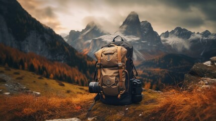 Hikers with backpacks holding binoculars sitting on top of the rock mountain, generate AI - obrazy, fototapety, plakaty