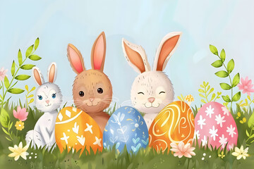 Happy Easter greeting card with cute bunny rabbit and easter eggs on background.