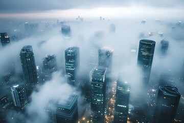 A hazy cityscape with tall skyscrapers shrouded in fog, Fog engulfed cityscape showing the rooftops of skyscrapers, AI Generated - obrazy, fototapety, plakaty