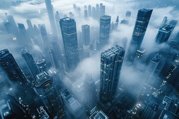 An image showing a cityscape filled with tall buildings obscured by heavy fog, Fog engulfed cityscape showing the rooftops of skyscrapers, AI Generated