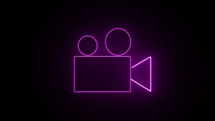 Neon glowing camera sign. glowing Video camera sign icon. video camera symbol, movie sign illustration. video camera icon for streaming , facetime icons symbol on black background.