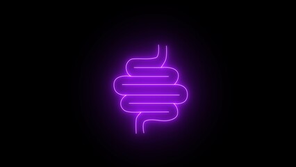 Neon glowing gut human icon. purple Neon healthy digestion logo on black background, healthy digestive system sticker. Human body internal organs. Intestines line icon. Human anatomy concept.