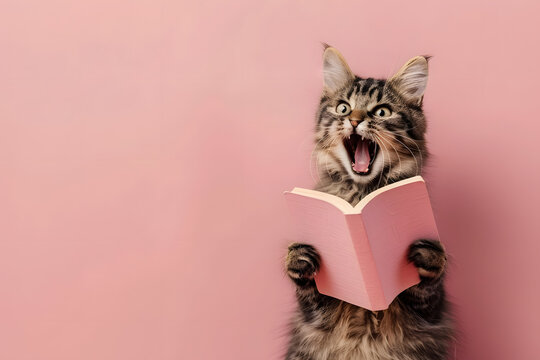 Funny cute cat reading book isolated on pastel background.