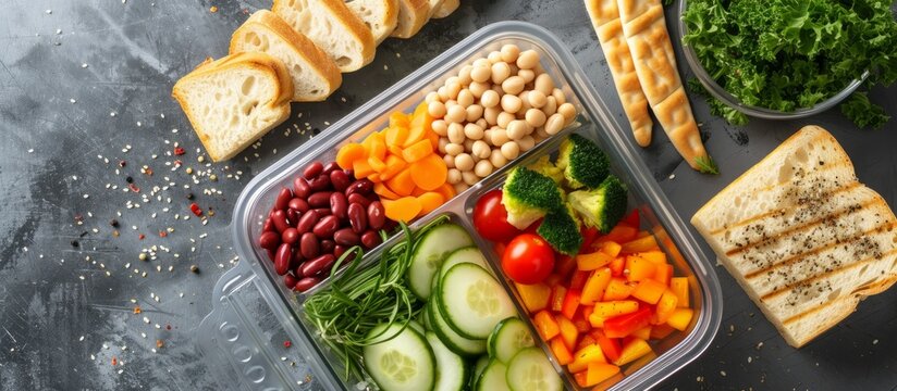Organic vegetable and bread assortment in a rustic container for a healthy meal preparation at home
