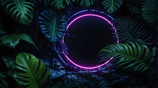 neon circle, octagon, rectangle between tropical leaves, dark tropical forest, leaves environment, neon glow, darkness, tropical environment, forest, background, wallpaper