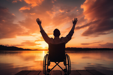 Silhouette disabled man, handicapped young man in wheelchair raised hands in sunset. Disabled person in a wheelchair stretches out his arms at sunset