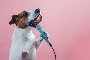 Fotobehang Funny cute dog sing a song and holding microphone isolated on pastel background. © Pacharee