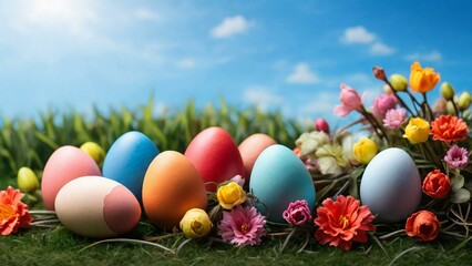 Fototapeta na wymiar Vibrant scene of colorful Easter eggs laid on a lush green grass, surrounded by blooming flowers under a clear blue sky