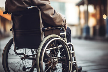 Disabled person sitting in a wheelchair close up