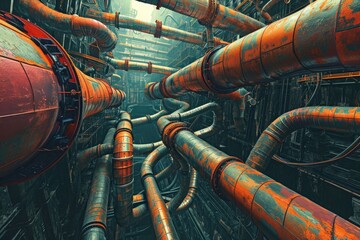 A detailed painting of pipes in a building showcasing various interconnected pipes and their...