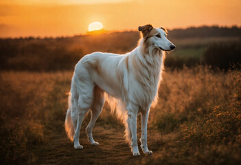 Fototapeta premium The Borzoi Borzoi dog poses with his whole body in nature
