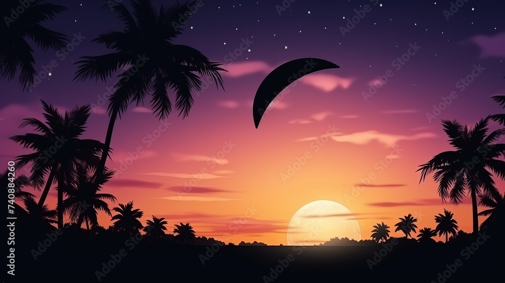 Wall mural crescent moon with beautiful sunset background . generous ramadan