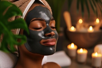 Black woman enjoying a serene spa day with a clay facial mask, head wrapped in a towel, and candles in the background for a tranquil ambiance.