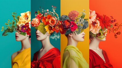 set of women artistically made up with real flowers theme with colorful background