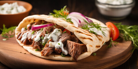 Savory Meat Feast on Wooden Table: Delicious Kebab Sandwich with Beef, Onion, Tomato, and Tzatziki Sauce