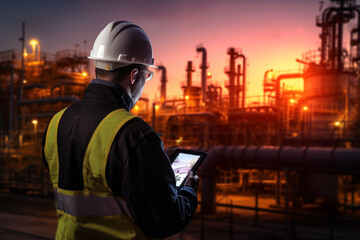 engineer in a hard hat and high-visibility vest reviews a tablet with an industrial plant aglow background