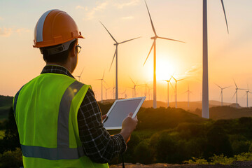 engineer in a reflective vest and hardhat is inspecting a tablet, sustainable energy farm with wind turbines on background