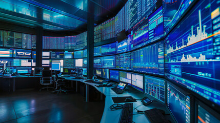 High-tech control room with multiple screens and data displays - obrazy, fototapety, plakaty