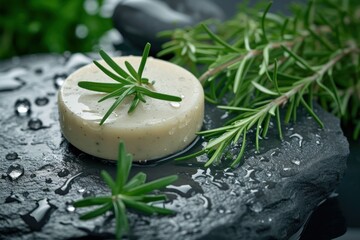 Close-up of a natural shampoo bar with herbal inclusions and fresh rosemary sprigs, on a wet black stone surface with water droplets. - Powered by Adobe