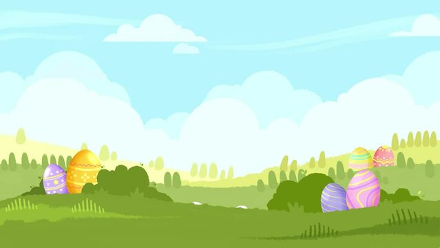 Happy Easter cartoon animation with hide rabbit and spring eggs in landscape. Bunny and colorful painted eggs