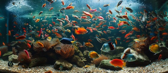 Fototapeta na wymiar A mesmerizing view of a large aquarium filled with vibrant and colorful exotic fish swimming gracefully