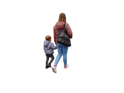 Une jeune maman tenant son petit gar&ccedil;on par la main, vus de dos,  promenade d&eacute;contract&eacute;, v&ecirc;tements chauds