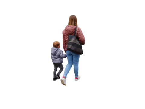 Une maman et son petit garçon, vus de dos, ils marchent tranquillement ,scène de complicité, ils sont chaudement habillés