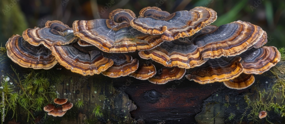 Poster a beautiful cluster of various mushrooms growing on a weathered log in the forest