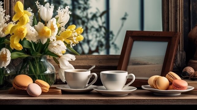 Easter breakfast still life. Blank picture frame mockup. Wooden bench, table composition with cup of coffee, old books.