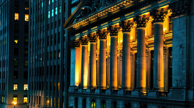 Illuminated neoclassical building facade at night in the city © ColdFire
