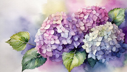 Kolorowe, malowane kwiaty Hortensji. Akwarela, tapeta, dekoracja. Generative AI