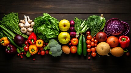 Flat lay of huge group of fresh vegetables and fruit on wooden background - Vegetables VS Fruit - High quality studio shot -  Flat lay - obrazy, fototapety, plakaty