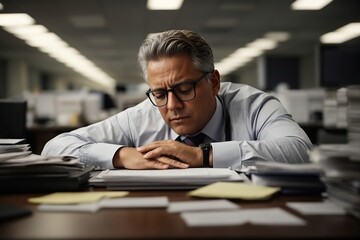 A businessman slumped over his desk, glasses askew and eyes closed in exhaustion.
