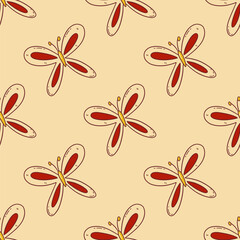 Seamless pattern with beautiful abstract red butterflies on beige background. Colorful vector illustration hand drawn doodle. Cute moths print for fabric or paper, decoration