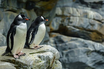 Northern rockhopper penguins perch, craggy cliffs overlooking azure waters. 
