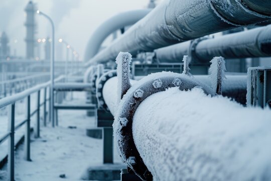 This photo captures a scene of snow-covered pipes aligned next to a wire fence during winter, Frosted industrial pipelines in the biting winter cold, AI Generated