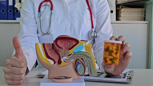 3D model of the prostate gland and a thumbs up from a urologist. Treatment of prostate cancer or potency