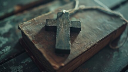 religious wooden cross lies on the holy book. Happy Easter concept.
