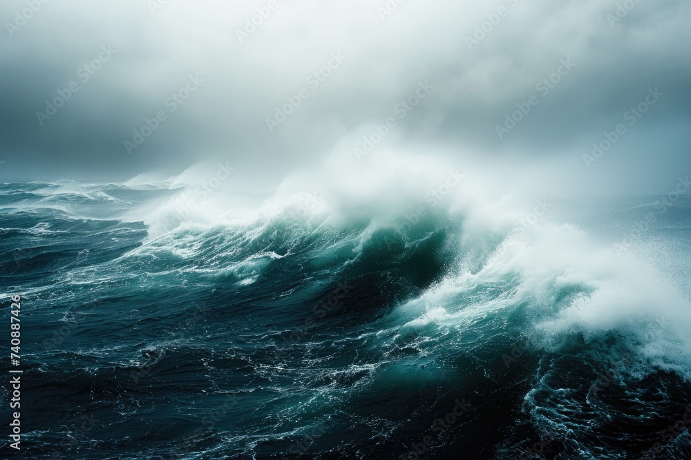 Aufkleber a powerful and imposing large wave crashes forcefully in the middle of the ocean, creating a dramati